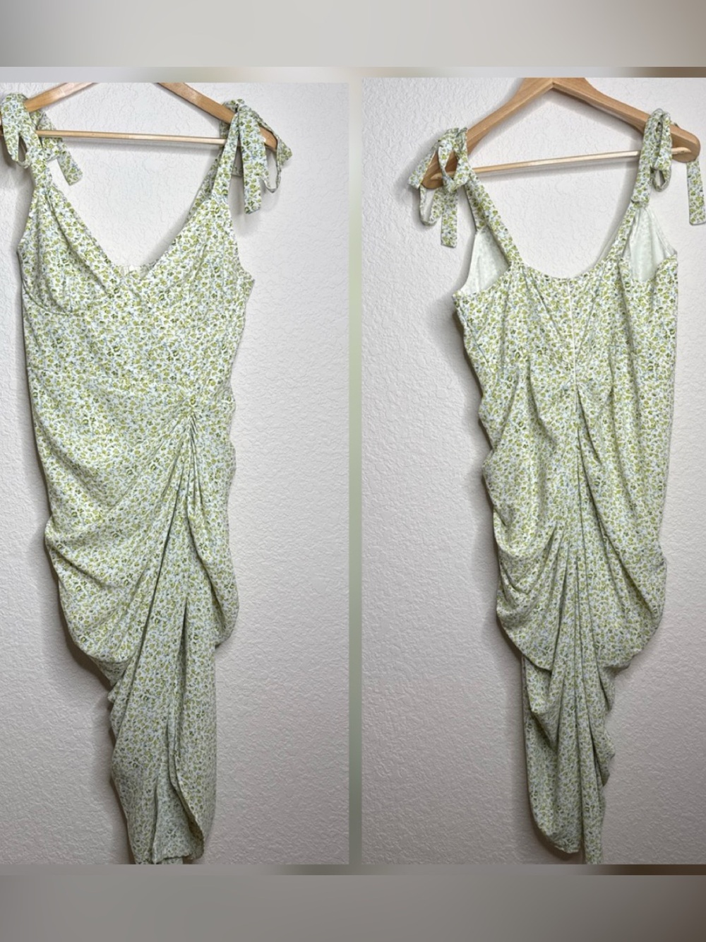 PrettyLittleThing Green Floral Ruched Tie-Shoulder Midi Dress Size US 12, NWT